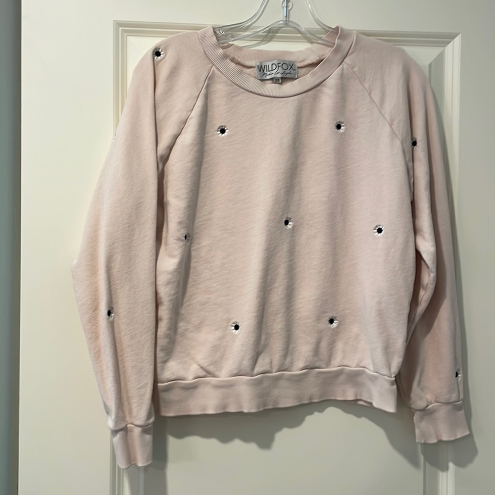 Wildfox Allover Mod Daisy Floral Pull Over Sweatshirt Pink Peach, Size XS